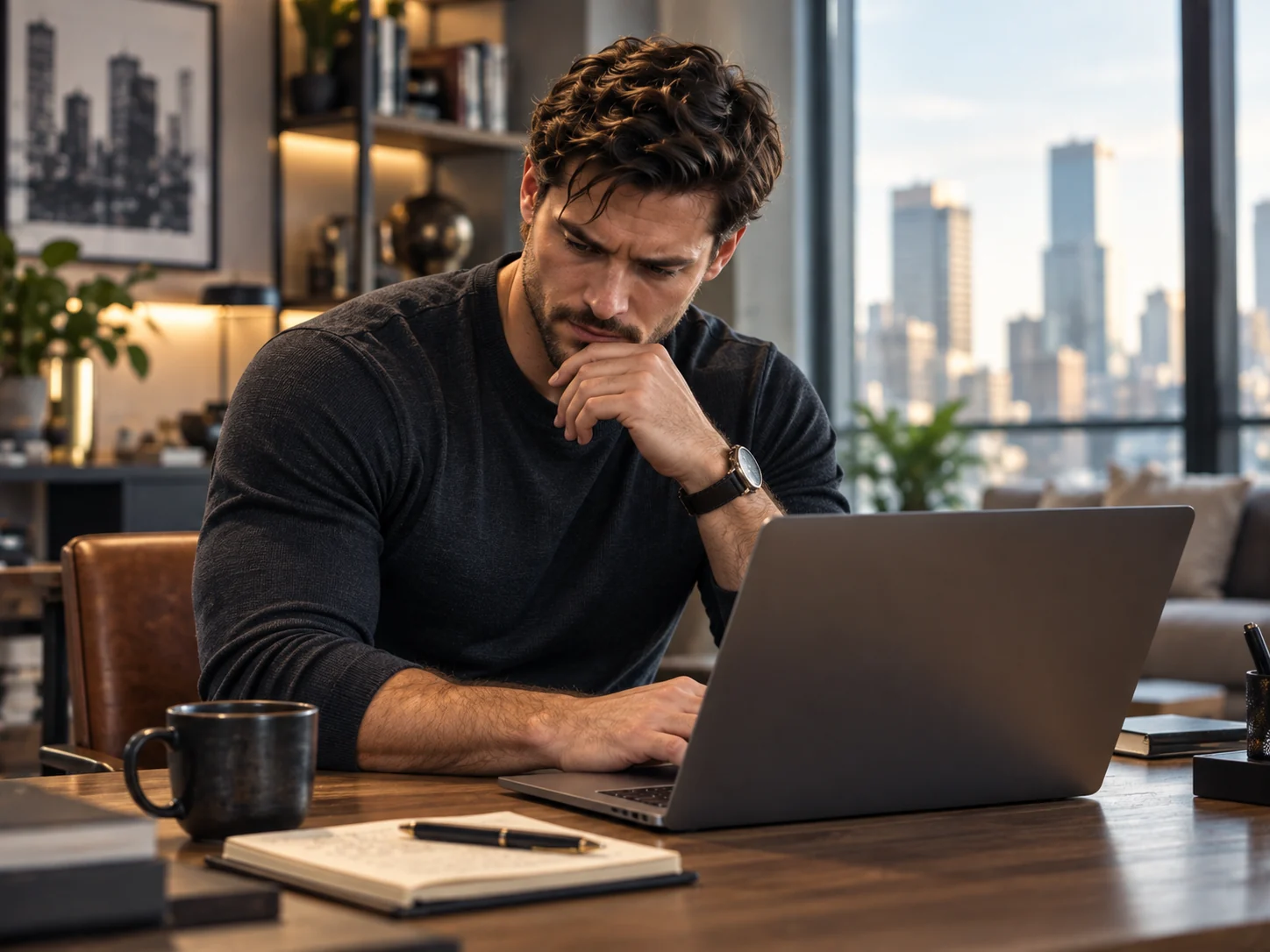 The same man working seriously on his laptop