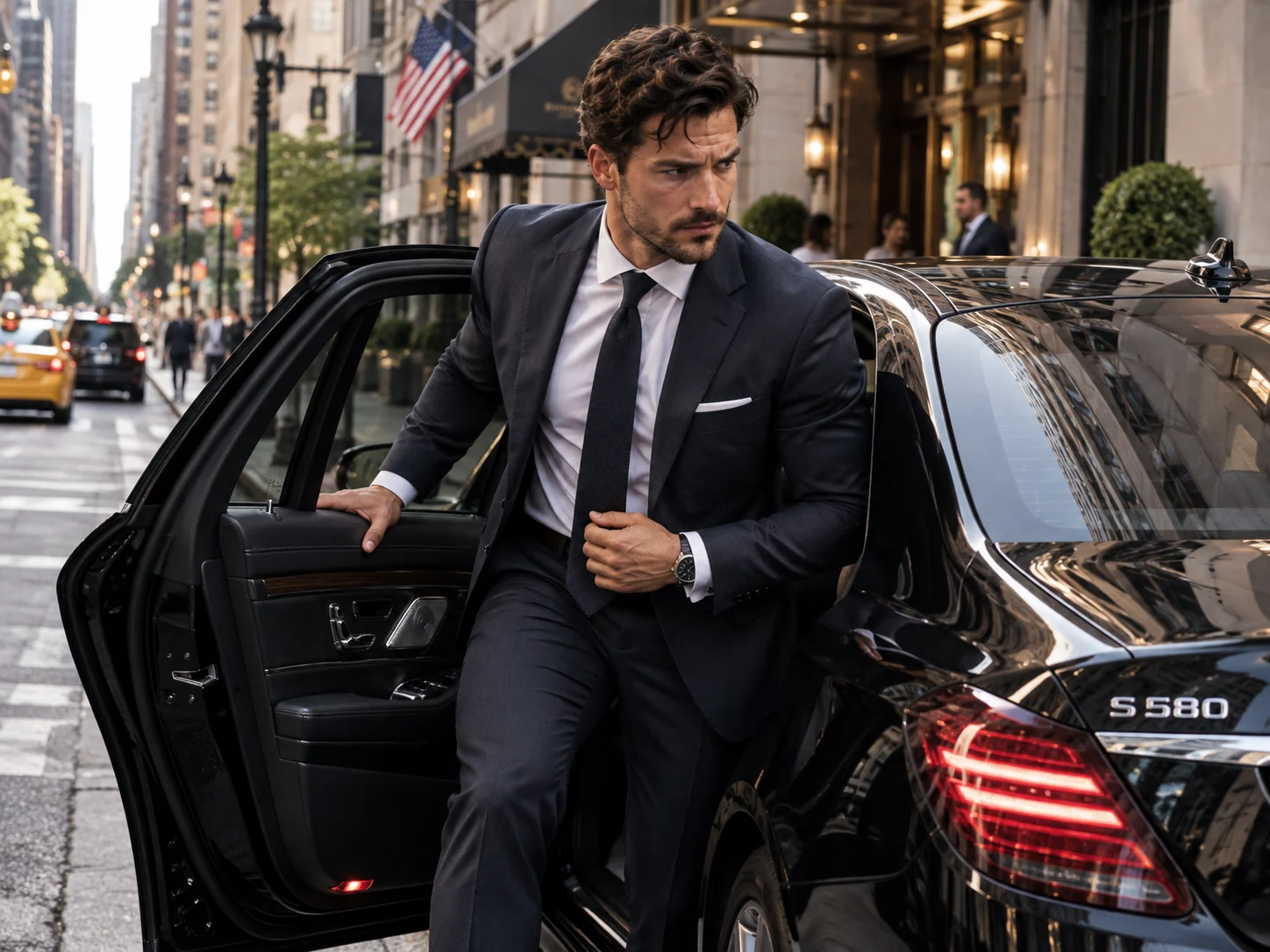 A serious man in a suit stepping out of a Mercedes S Class in Manhattan